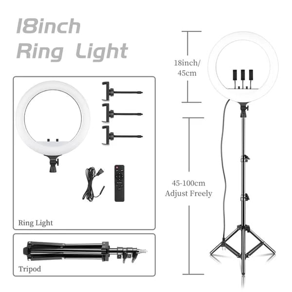 Ring Light, halkaisija 18 tuumaa, säädettävä jalusta, 150CM jalusta