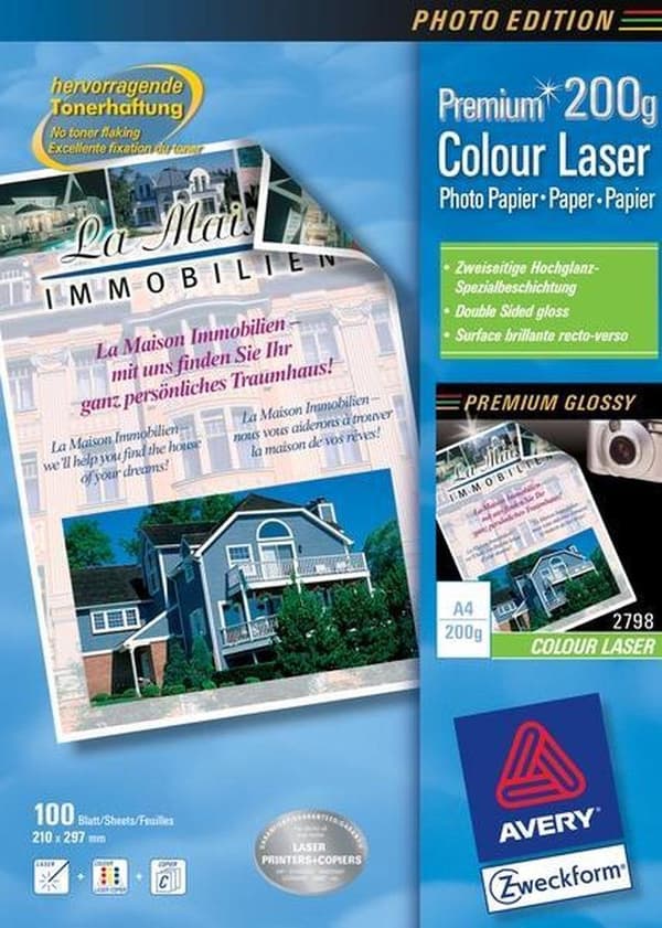 Värillinen laserpaperi Avery A4 valkoinen 200g laatikko 100 arkkia