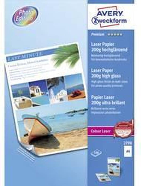 Värillinen laserpaperi Avery A4 valkoinen 200g laatikko 100 arkkia