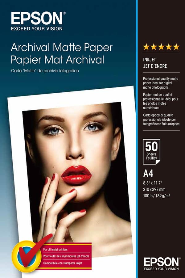 Epson Archival Matte Paper - Mat - A4 (210 x 297 mm) - 189 g/m² - 50 ark papir - til EcoTank M3170, SureColor SC-P700, P7500, P900, P9500, T2100, T310