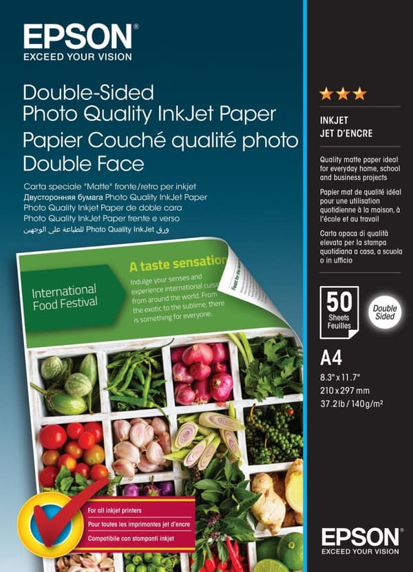 Epson dobbeltsidet fotokvalitets inkjetpapir - mat - A4 (210 x 297 mm) - 140 g/m² - 50 ark fotopapir - til EcoTank ET-16500, 2750, 3700, 3750, 4750, 7