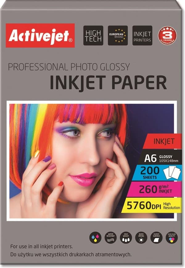 Activejet AP6-260GR200 fotopapper för bläckskrivare; A6; 200 st; 10x15, perfekt för att skriva ut foton, ett färgglatt minne