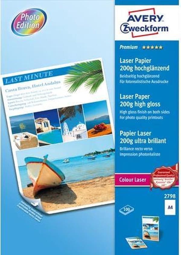 Värillinen laserpaperi Avery A4 valkoinen 200g laatikko 100 arkkia