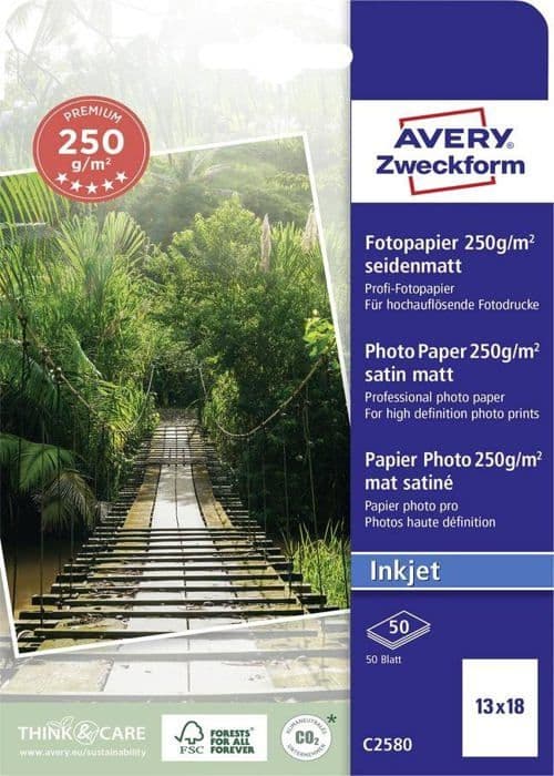 Avery Zweckform - C2580 - Avery Premium fotopapper satin matt, 250g, 130 x 180, 50 ark, vit