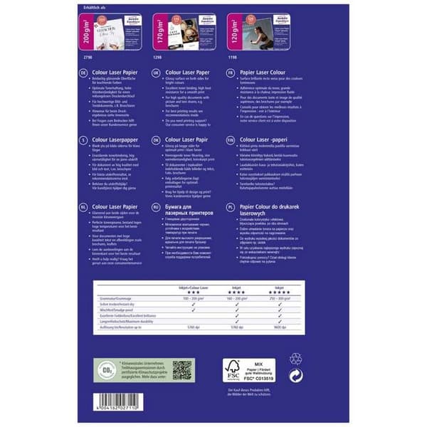 A4 Avery Zweckform 1298 170g dubbelsidigt fotopapper för färglaserskrivare - Paket med 200 ark