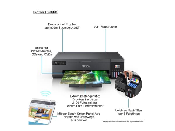 Epson EcoTank ET-18100 - Skriver - farge - ink-jet - påfyllbar - A3 - 5760 x 1440 dpi - opp til 8 spm (mono) / inntil 8 spm (farge) - kapasitet: 80 a