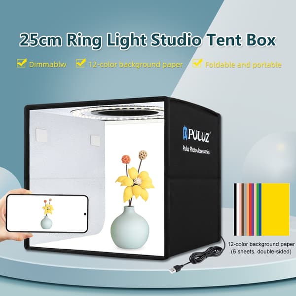 Fotostudio 25 cm med LED-ring for fotografering av små produkter