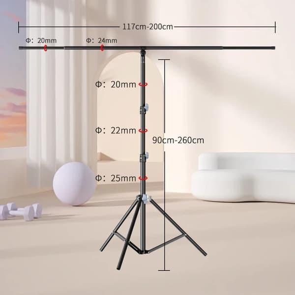 T-formet tripod stativ, justerbar højde 90 cm-260 cm, letvægts aluminiumlegering,200x260cm