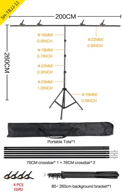 Fotobakgrundstativ, justerbart stödsystem, kompatibilitet med non-woven muslin., 200X260 CM