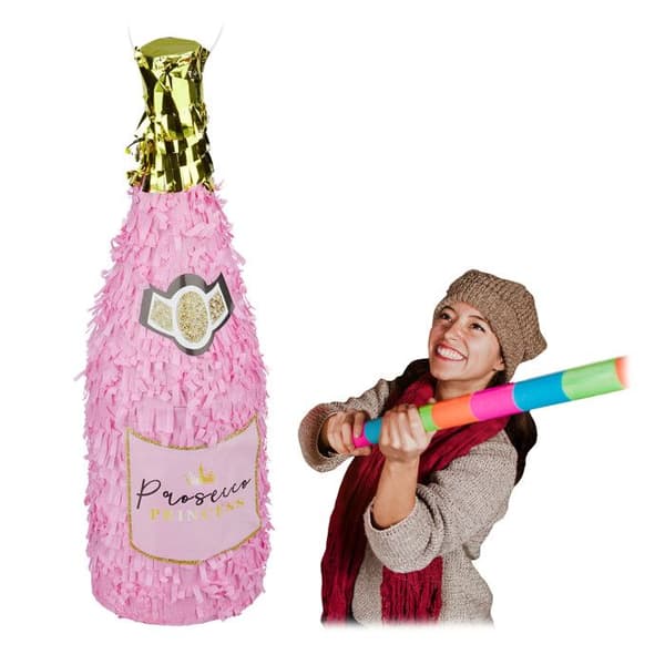 Relaxdays Pinata födelsedag, hängande champagneflaska, prinsessa, att fylla, festspel, roséguld