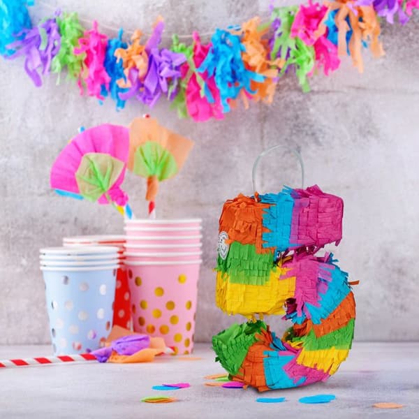 Relaxdays Piñata siffra 5, regnbåge, födelsedag, HxLxP: 20,5 x 15 x 4,5 cm, för barn, att fylla, flerfärgad