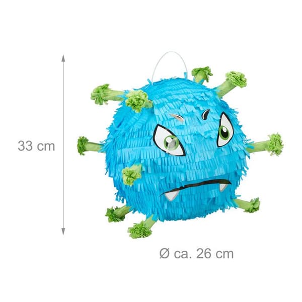 Relaxdays piñata i form av rolig virus, hängande, påfyllningsbar, för flicka och pojke, födelsedag, blå och grön