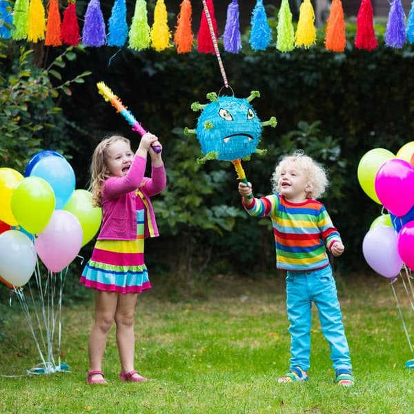 Relaxdays piñata i form av rolig virus, hängande, påfyllningsbar, för flicka och pojke, födelsedag, blå och grön