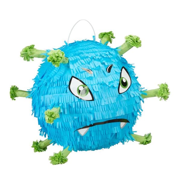 Relaxdays piñata i form av rolig virus, hängande, påfyllningsbar, för flicka och pojke, födelsedag, blå och grön