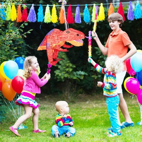 Relaxdays Pinata att hänga Dinosaurie T-Rex, För barn, att fylla, födelsedagslekar dekoration papper, röd