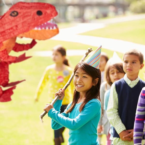 Relaxdays Pinata att hänga Dinosaurie T-Rex, För barn, att fylla, födelsedagslekar dekoration papper, röd