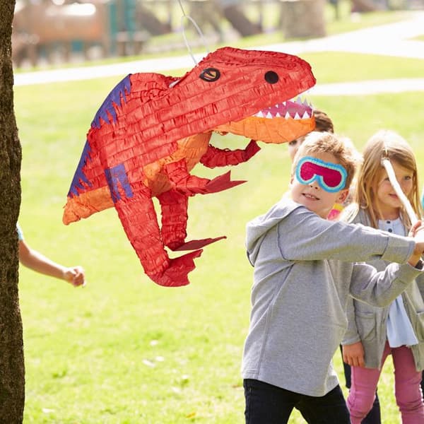 Relaxdays Pinata att hänga Dinosaurie T-Rex, För barn, att fylla, födelsedagslekar dekoration papper, röd