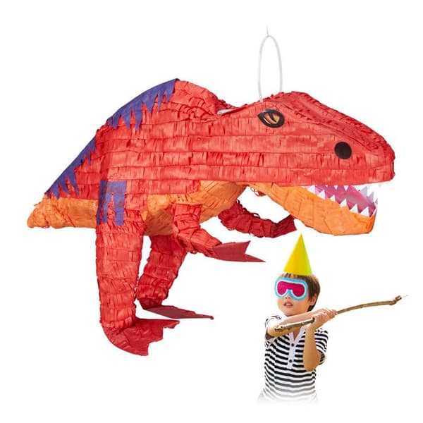 Relaxdays Pinata att hänga Dinosaurie T-Rex, För barn, att fylla, födelsedagslekar dekoration papper, röd