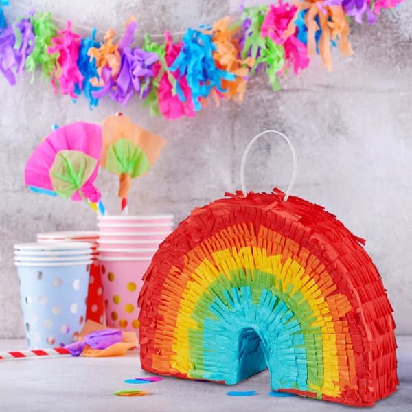 Relaxdays Mini pinata regnbåge, att fylla, födelsedag, fest, att hänga, HxLxP: 18 x 26 x 5,5 cm, multicolor