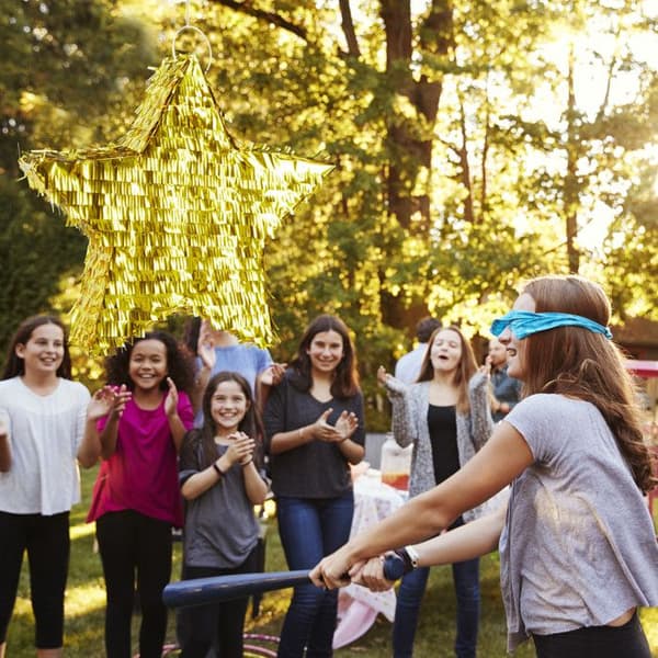 Relaxdays Pinata hängande stjärna för barn att fylla i dekoration för födelsedagsspel, guld