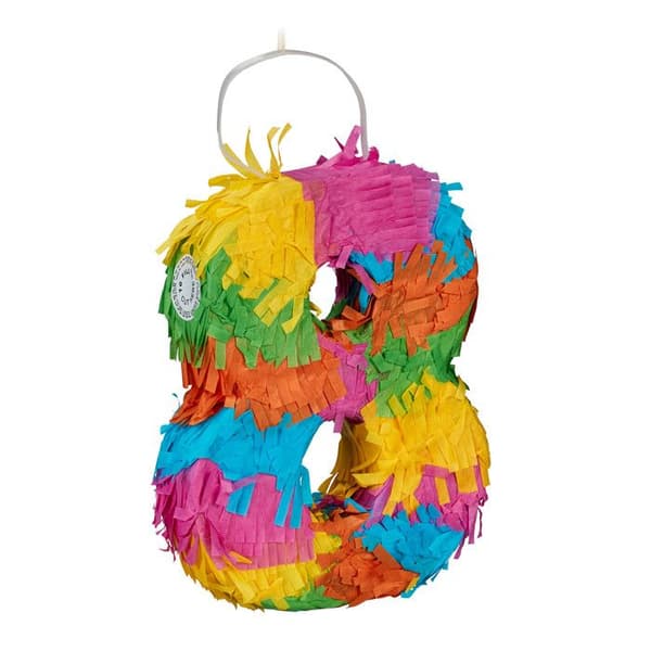 Relaxdays Piñata siffra 8, regnbåge, för ett födelsedagsfirande, HxBxD: 20,5x15,5x4,5 cm, barn, att fylla, multikolor