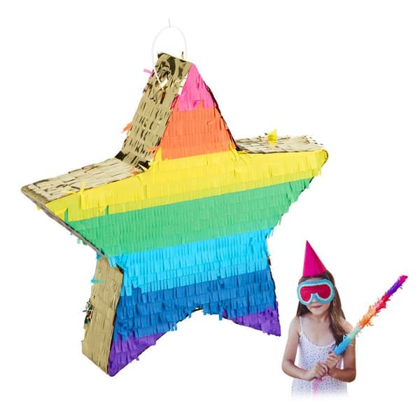 Relaxdays Piñata stjärna, att fylla, barn & vuxna, regnbåge, att hänga, för fester, flerfärgad-guldig