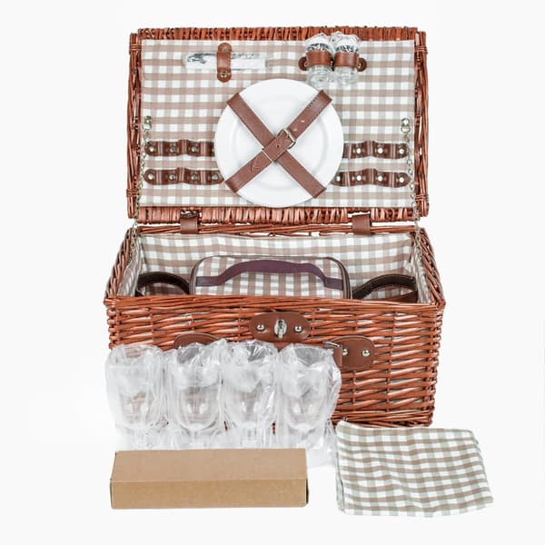 Picnickurv - 4 personer - 29 stykker - flettet kurv - 42x28x20cm