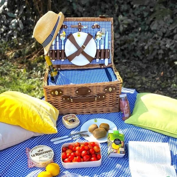Picknickkorg i rotting Marly Vichy blå - 4 personer - LES JARDINS DE LA COMTESSE - Hantverk