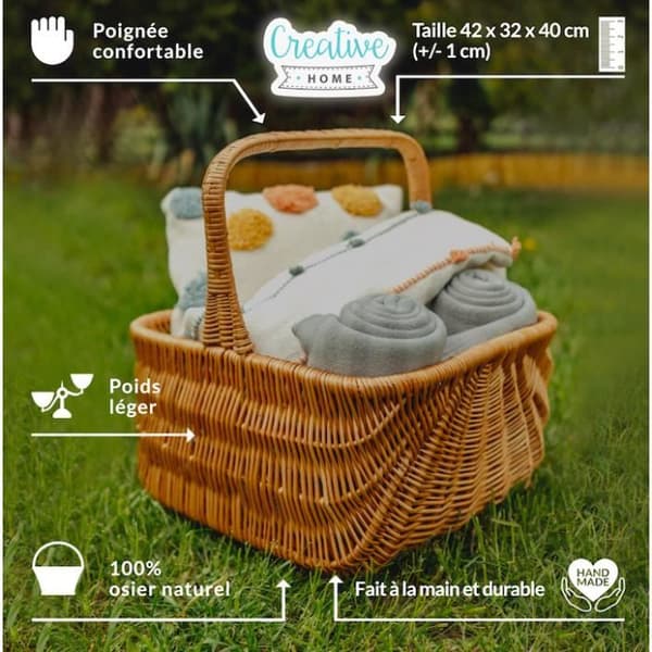 Flätad korg - KREATIVT HEM - Rektangulär - Brun - 42x32x40cm - 100 % naturligt - Hållbart