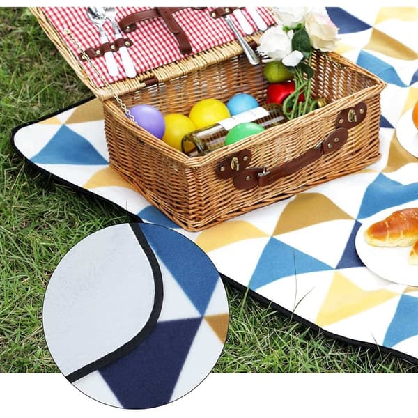Rootz Picnic Tæppe - Fleece - Varmeisolerende - Vandtæt bund - Sammenfoldelig - 200 x 200 cm - Håndtag - Gul - Hvid - Blå