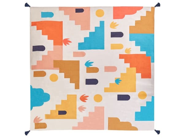 Picknickfilt Mångfärgad Polyester 200 x 200 cm Handvävd Geometriskt Mönster med Rem Picknickmatta