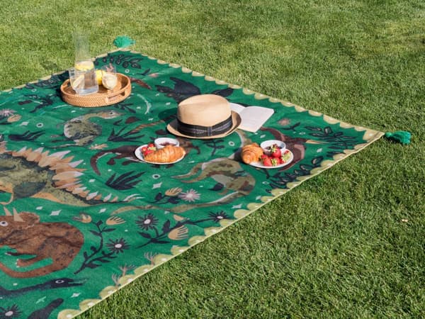 Picknickfilt Grön Polyester 150 x 200 cm Handvävt Djurmönster med Rem Picknickmatta Utomhus