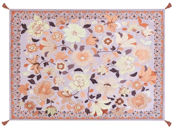 Picknickfilt Lila Polyester 150 x 200 cm Handvävt Blommönster med Rem Picknickmatta