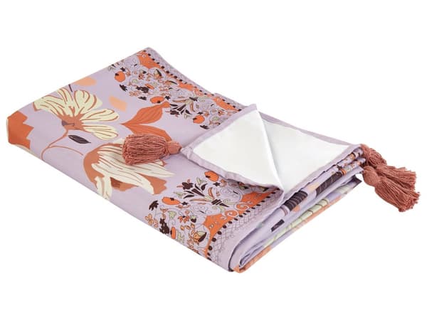 Picknickfilt Lila Polyester 150 x 200 cm Handvävt Blommönster med Rem Picknickmatta