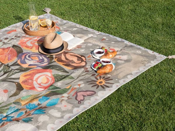Picknickfilt Flerfärgad Polyester 200 x 200 cm Handvävt Blommönster med Rem Picknickmatta Utomhus