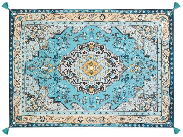 Picknickfilt Blå Polyester 150 x 200 cm Handvävt Orientaliskt Mönster med Rem Picknickmatta Utomhus