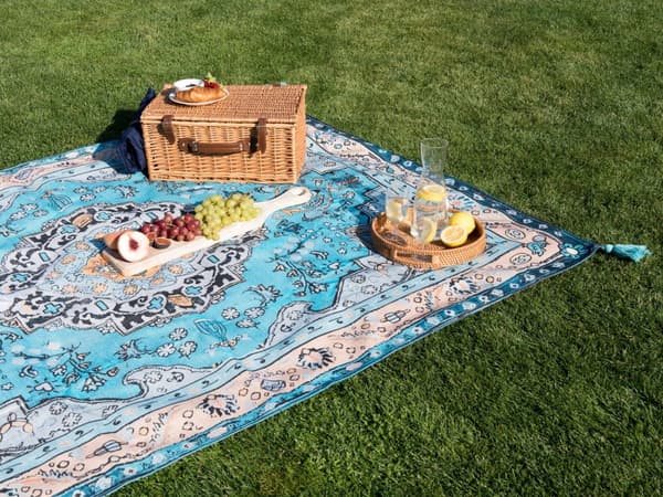 Picknickfilt Blå Polyester 150 x 200 cm Handvävt Orientaliskt Mönster med Rem Picknickmatta Utomhus
