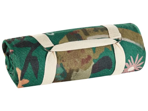 Picknickfilt Grön Polyester 200 x 200 cm Handvävt Djurmönster med Rem Picknickmatta Utomhus