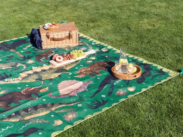 Picknickfilt Grön Polyester 200 x 200 cm Handvävt Djurmönster med Rem Picknickmatta Utomhus