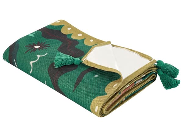 Picknickfilt Grön Polyester 200 x 200 cm Handvävt Djurmönster med Rem Picknickmatta Utomhus