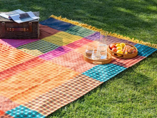 Picknickfilt Flerfärgad bomull 200 x 200 cm Handvävt Rutmönster med Rem Picknickmatta Utomhus