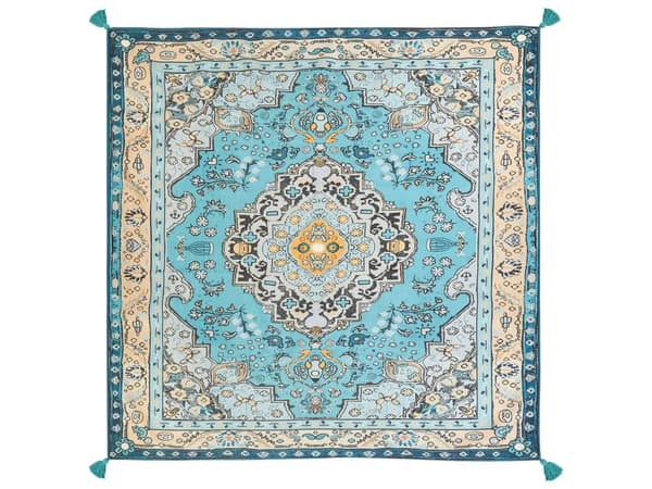 Picknickfilt Blå Polyester 200 x 200 cm Handvävt Orientaliskt Mönster med Rem Picknickmatta Utomhus