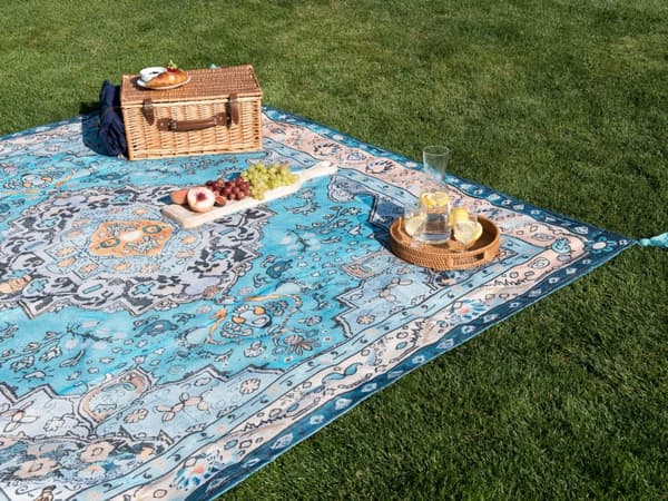 Picknickfilt Blå Polyester 200 x 200 cm Handvävt Orientaliskt Mönster med Rem Picknickmatta Utomhus