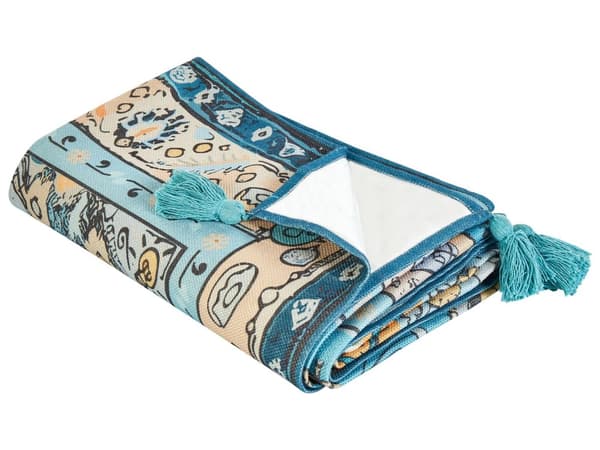 Picknickfilt Blå Polyester 200 x 200 cm Handvävt Orientaliskt Mönster med Rem Picknickmatta Utomhus