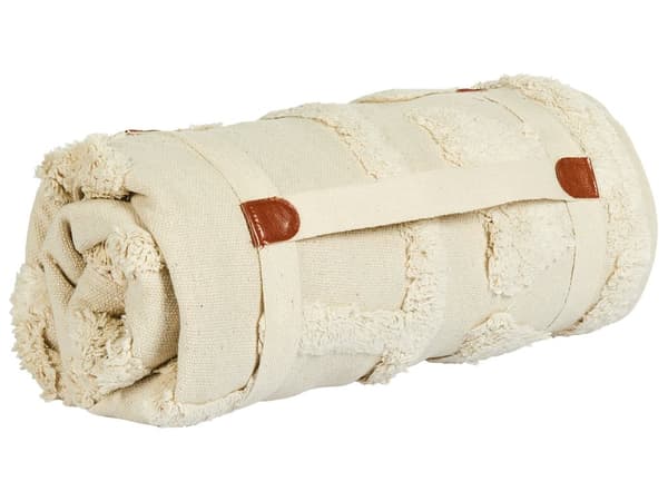 Picknickfilt Beige Bomull 150 x 200 cm Handvävt Boho-mönster med Rem Picknickmatta Utomhus