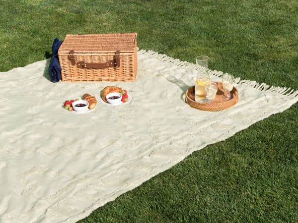 Picknickfilt Beige Bomull 150 x 200 cm Handvävt Boho-mönster med Rem Picknickmatta Utomhus