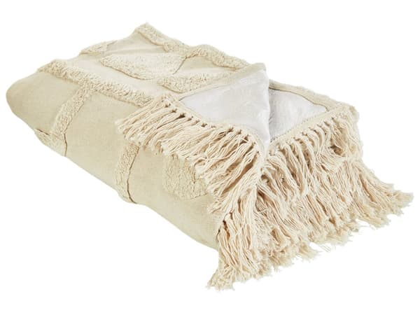 Picknickfilt Beige Bomull 150 x 200 cm Handvävt Boho-mönster med Rem Picknickmatta Utomhus