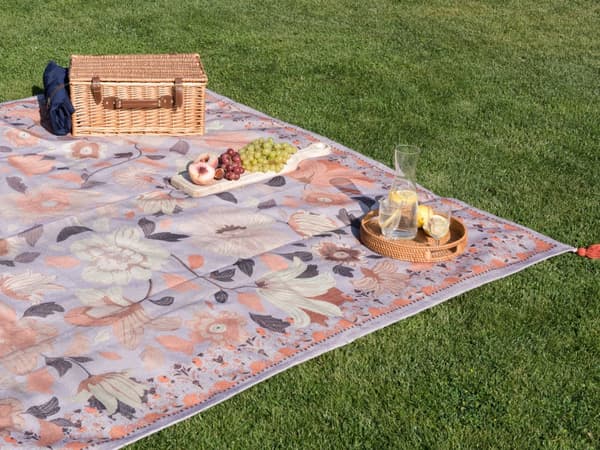 Picknickfilt Lila Polyester 200 x 200 cm Handvävt Blommönster med Rem Picknickmatta