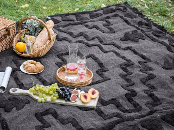 Picnictæppe Grå Bomuld 150 x 200 cm Håndvævet Boho-mønster med strop Picnictæppe