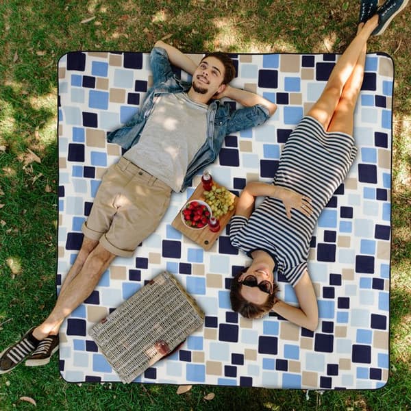 Relaxdays Picknickfilt XXL, 200x200 cm, Isolerad, Vattentät, Strandfilt, Fällbar med Handtag, Blå-Beige